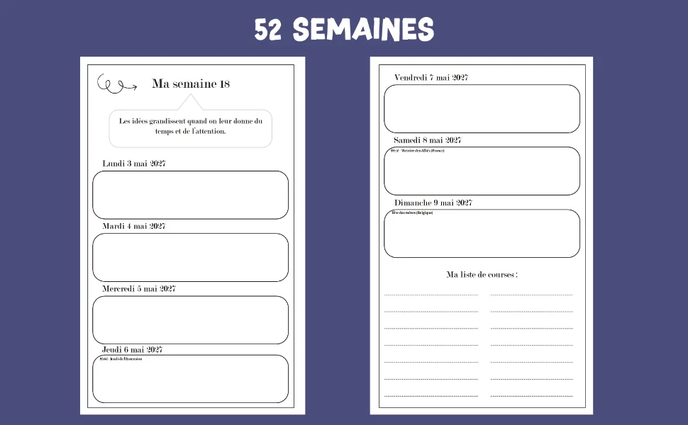 52 semaines : pages du semainier.