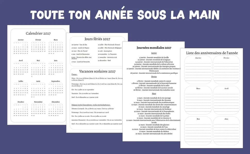 Toute ton année sous la main : calendrier, jours fériés et vacances scolaires 2027.