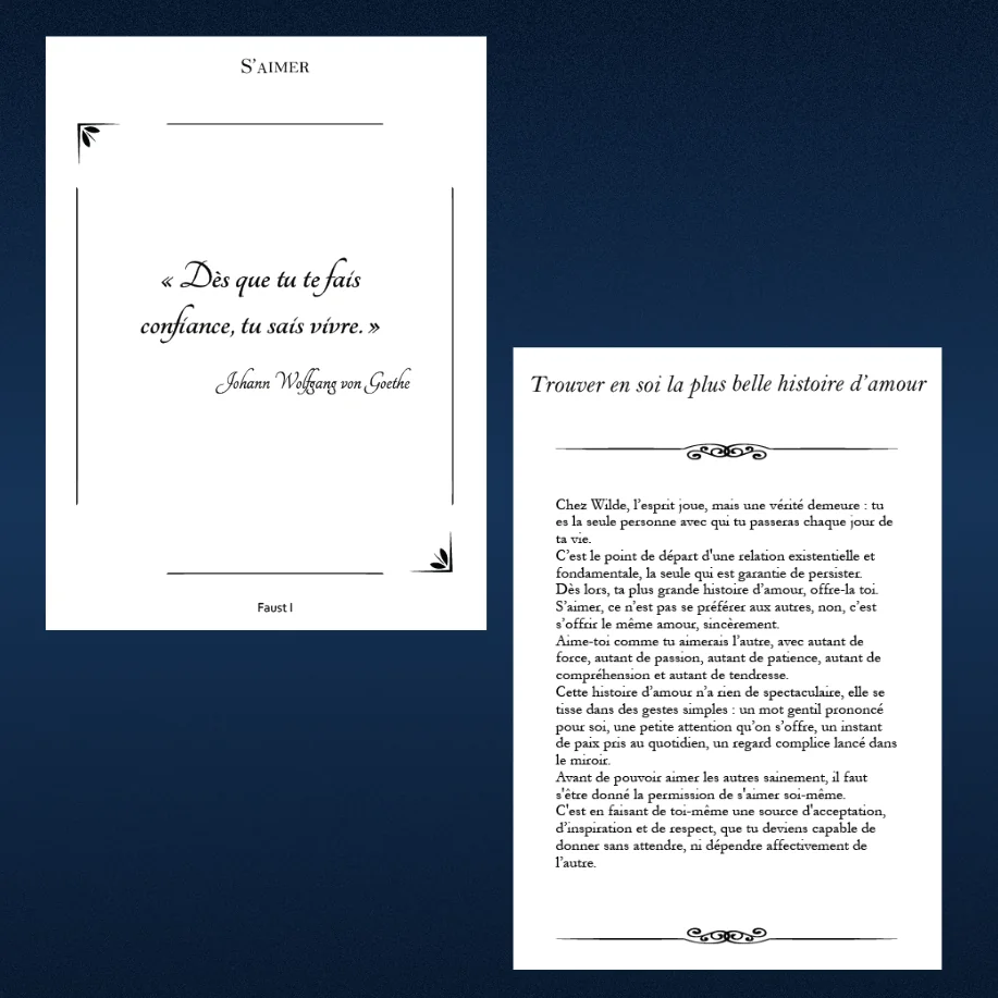 Double page intérieure : « Dès que tu te fais confiance, tu sais vivre. » (Goethe)