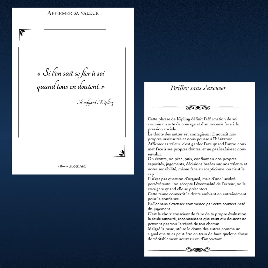 Double page intérieure : « Si l’on sait se fier à soi quand tous en doutent. » (Kipling)